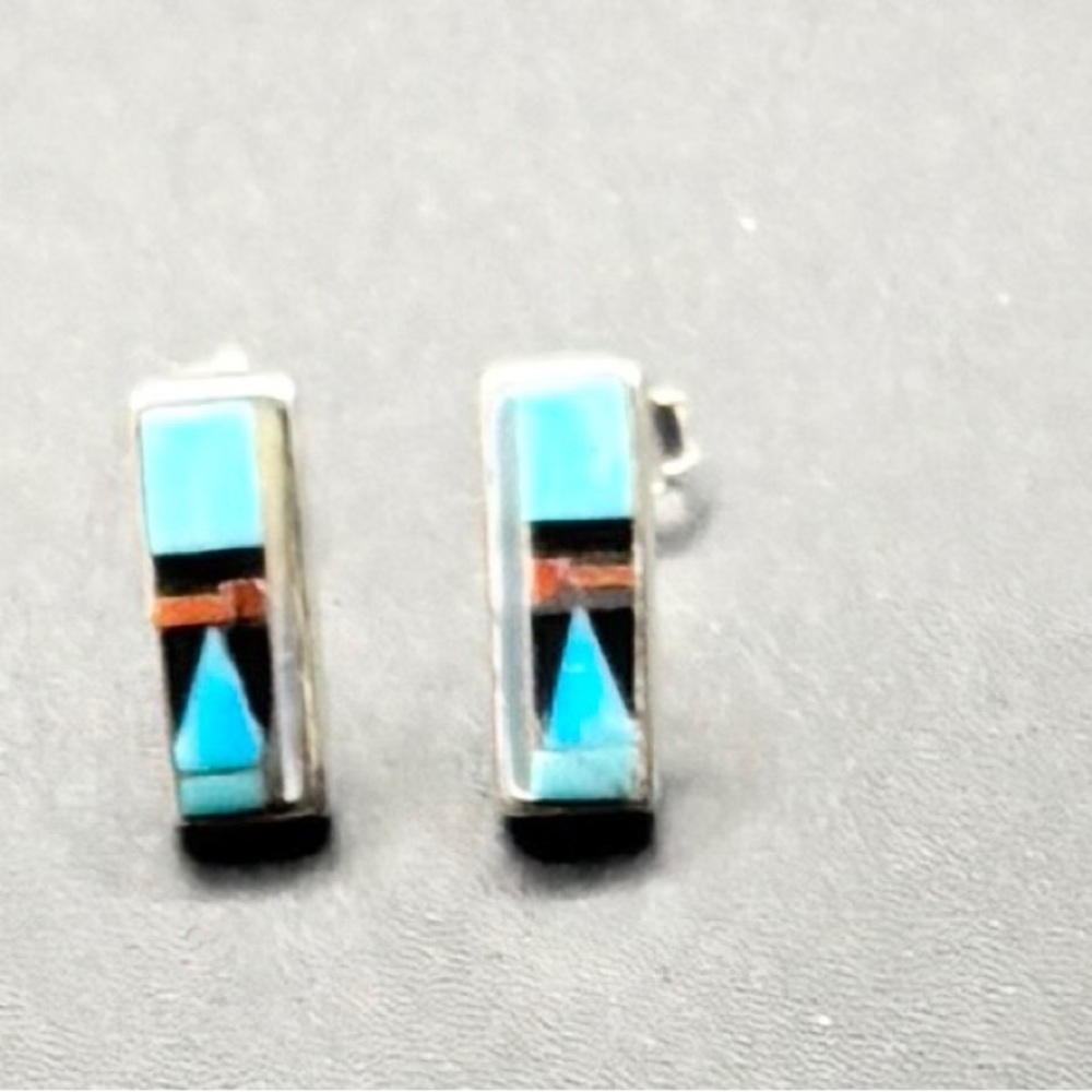 Sterling Silver earrings with Onyx,Coral,and Turquoise inlay